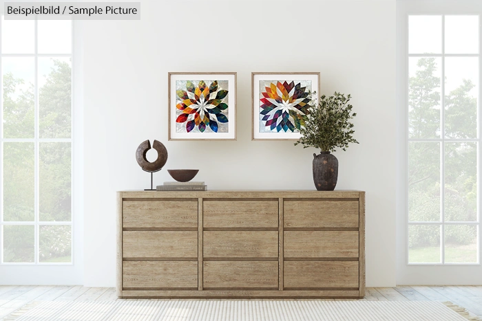 Minimalist wooden dresser with colorful art and plants, between large windows in a bright room.