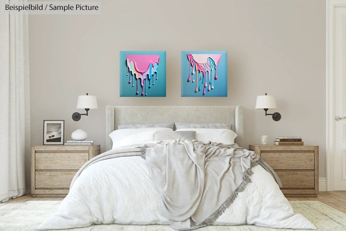 Stylish bedroom with double bed and modern abstract art on the wall, featuring colorful dripping paint design.