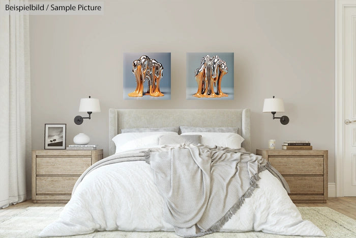 Modern bedroom with neutral decor featuring two abstract metallic art pieces above the bed.