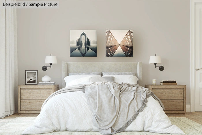 Modern bedroom with gray bed, wooden nightstands, abstract art on wall, and soft lighting for a cozy ambiance.