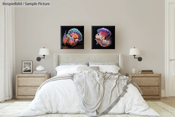 Modern bedroom with double bed, two side tables, and colorful abstract art on the wall.