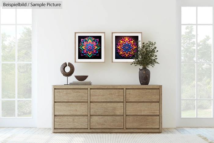 Modern living room with wooden sideboard, two framed mandala prints, decorative vase, and sculpture.