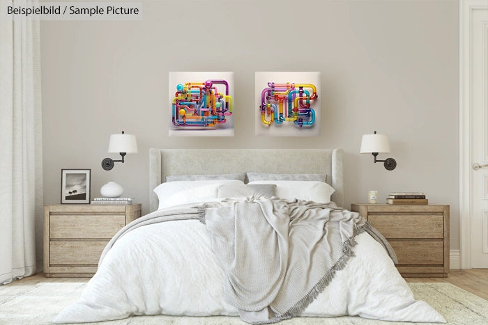 Modern bedroom with two abstract art paintings above a bed, featuring colorful geometric pipe designs.