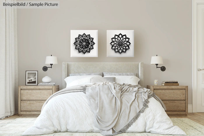 Elegant bedroom with beige walls, a large bed, white bedding, gray throw, and modern floral wall art above the headboard.