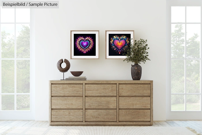 Modern living room with wooden dresser, two heart-themed artworks, and large windows.