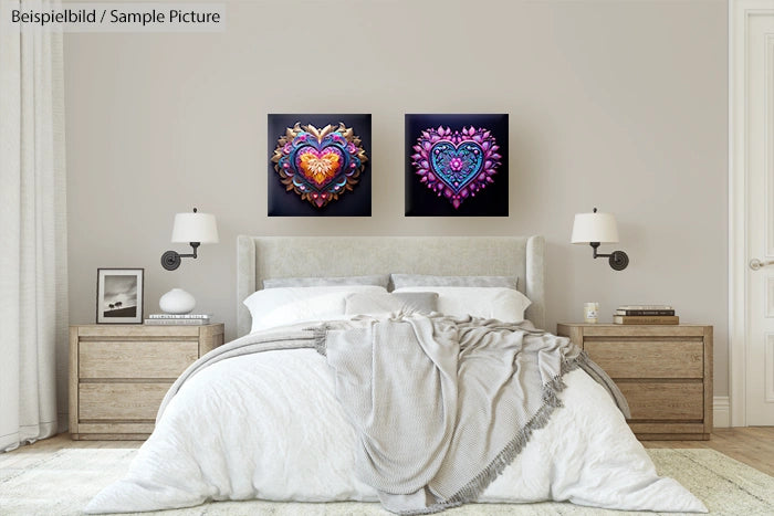 Bedroom with two vibrant heart-themed artworks above the bed, light gray bedding, wooden nightstands, and wall-mounted lamps.