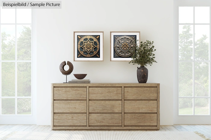 Modern living room with wooden sideboard, decorative vases, and framed artwork on white wall.