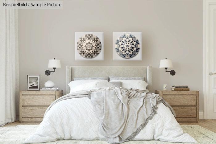 Modern bedroom with cozy bed, grey throw, wooden nightstands, and decorative art on beige walls.