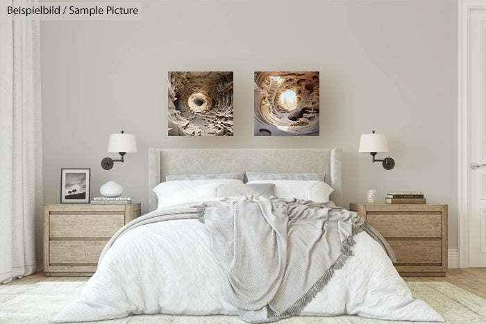 Modern bedroom with beige walls, a bed with gray throw, and two abstract light-themed artworks above the headboard.