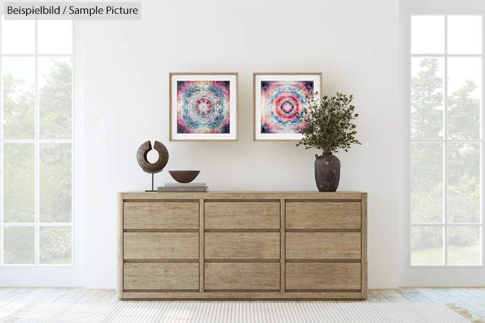 Modern living room with wood dresser, abstract artwork, and decorative sculptures.