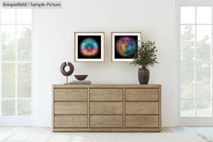 Modern living room with wooden dresser, decorative objects, and two framed abstract art pieces on the wall.