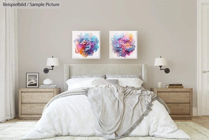 Modern bedroom with abstract colorful paintings above a double bed, flanked by wooden nightstands and wall lamps.