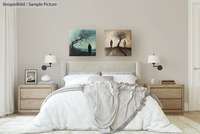 Modern bedroom with a cozy bed, neutral bedding, and two abstract art pieces on the wall, flanked by bedside lamps.