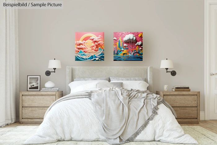 Modern bedroom with beige decor, featuring two colorful paintings above a neatly made bed with wooden side tables.