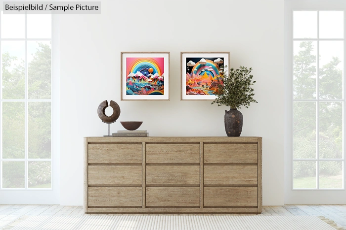 Minimalist interior with a wooden sideboard, abstract art on walls, decorative sculpture, and a plant in a vase.