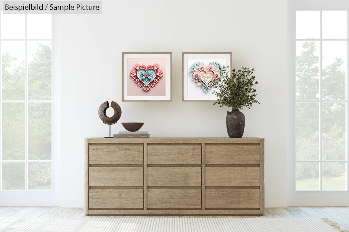 Modern living room with a wooden sideboard, abstract sculptures, and framed heart art on a white wall.