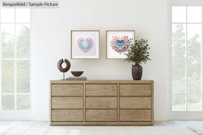 Modern living room with wooden sideboard, decorative vase, sculpture, and framed heart art on white walls.