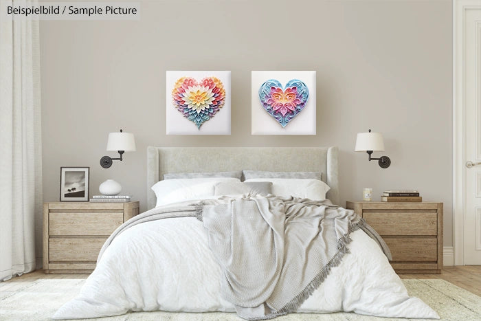 Cozy bedroom with soft gray bed, wooden nightstands, and colorful heart artwork on the wall.