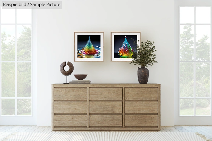 Minimalist room with wooden sideboard, modern decor, and two colorful abstract paintings on the wall.