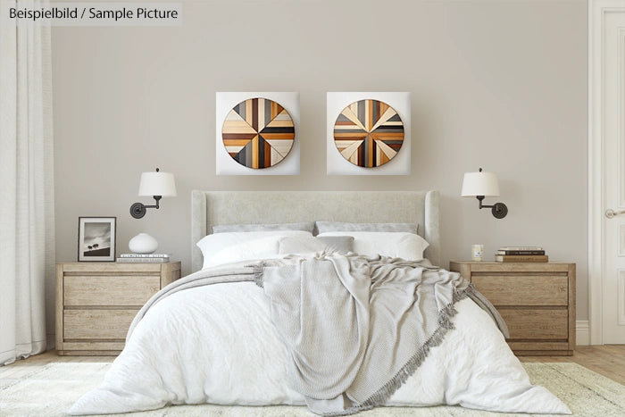 Minimalist bedroom with wooden bed, circular wall art, and soft gray bedding.