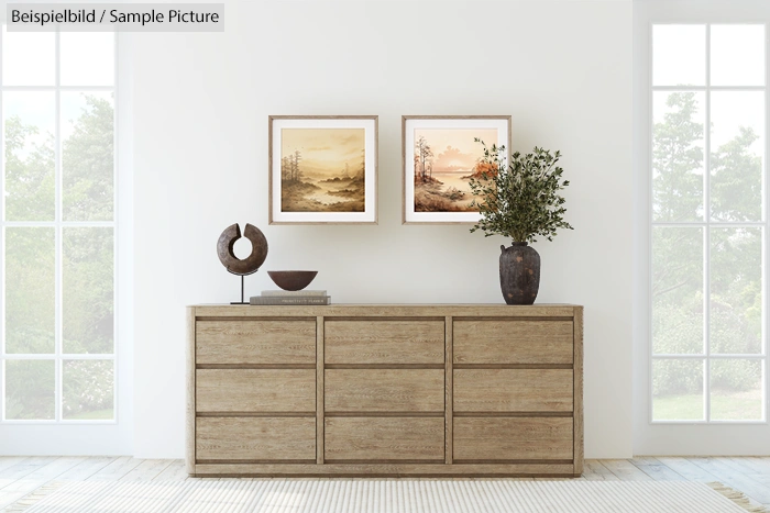 Minimalist interior with wooden sideboard, two framed landscape artworks, a sculpture, and potted plant.