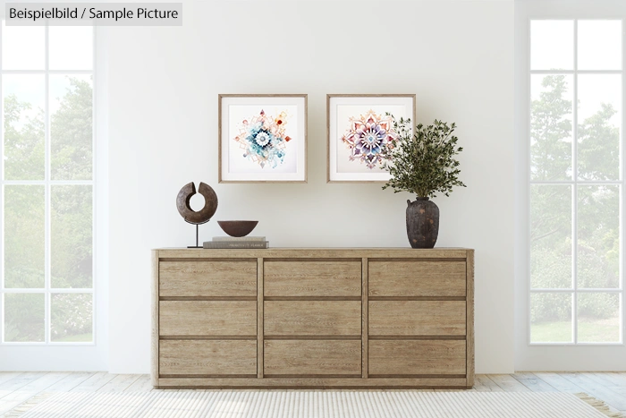 Minimalist interior with wooden sideboard, abstract art, sculpture, and potted plant.