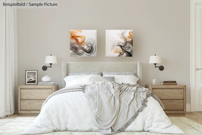 Modern bedroom with neutral decor, abstract wall art, and gray throws over a cushioned bed flanked by wooden nightstands.