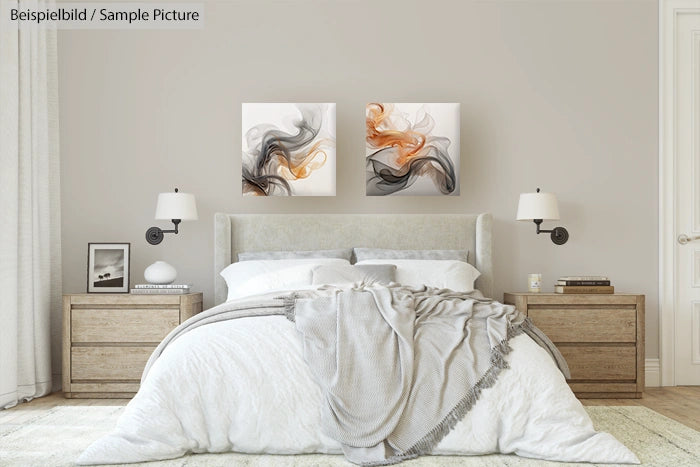 Modern bedroom with a neutral palette, featuring a gray bed, wooden nightstands, and abstract art on the wall.