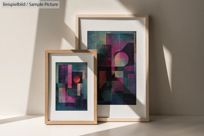 Two framed abstract paintings with geometric shapes in warm tones leaning against a shadowed wall.