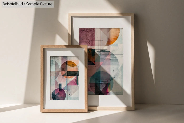 Two framed abstract art prints with geometric shapes and soft colors, displayed against a beige wall with shadow patterns.