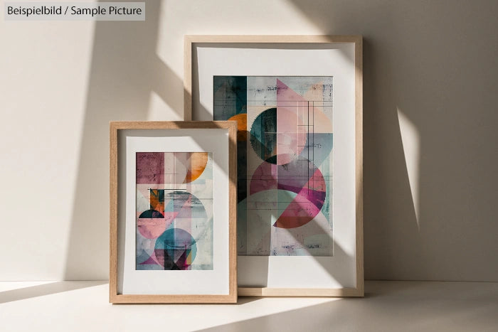 Two framed geometric abstract artworks with colorful shapes, displayed against a light background with shadows.