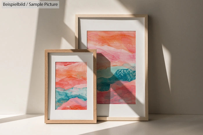 Two framed abstract artworks with pink, orange, and blue hues resting against a wall, casting soft shadows.