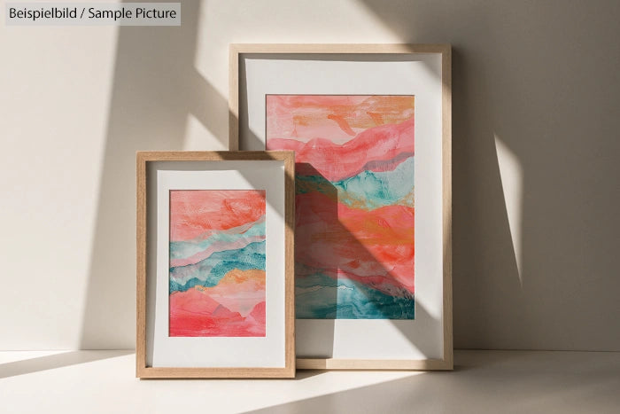 Two framed abstract paintings with pink and teal hues, leaning against a sunlit wall.