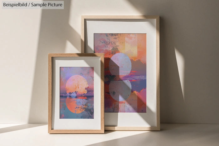 Two framed abstract art pieces with circular designs in pastel colors, placed on a sunlit surface.