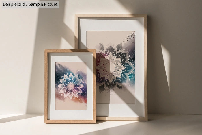 Two framed geometric prints with star patterns in soft colors, casting shadows on a pale background.