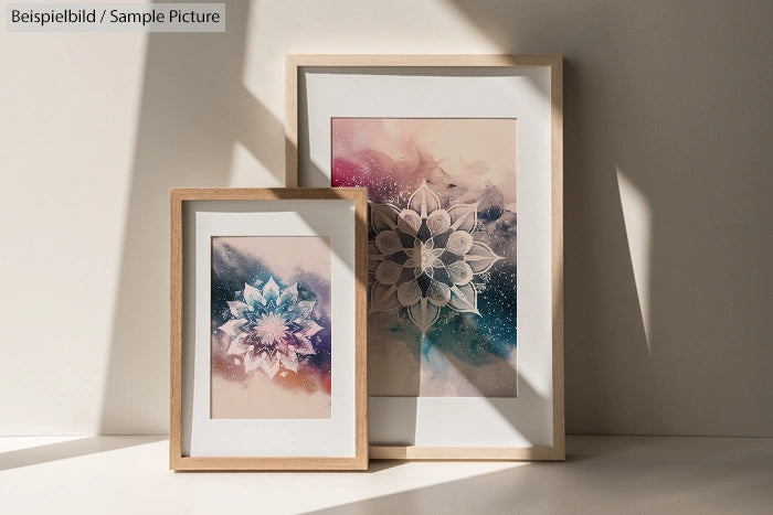 Two framed abstract flower artworks in soft pastel colors, leaning against a wall in bright light.