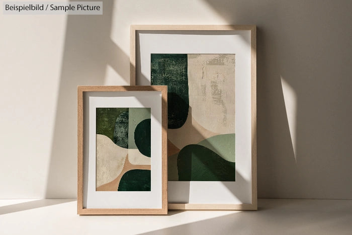 Two framed abstract artworks with geometric shapes in green and beige tones, leaning against a sunlit wall.