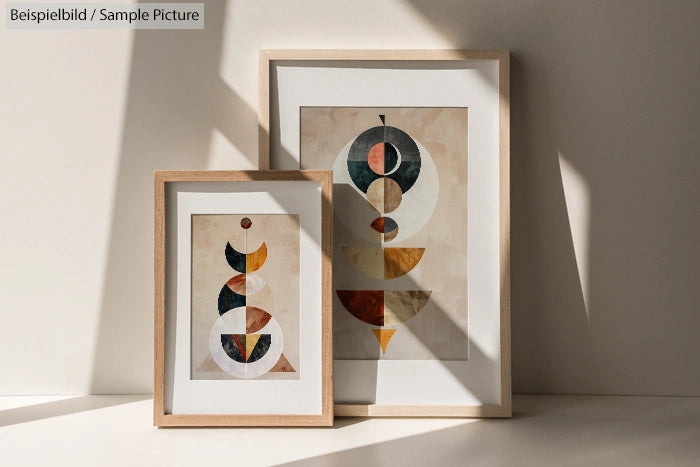 Two framed geometric abstract art prints in sunlight on a neutral background.