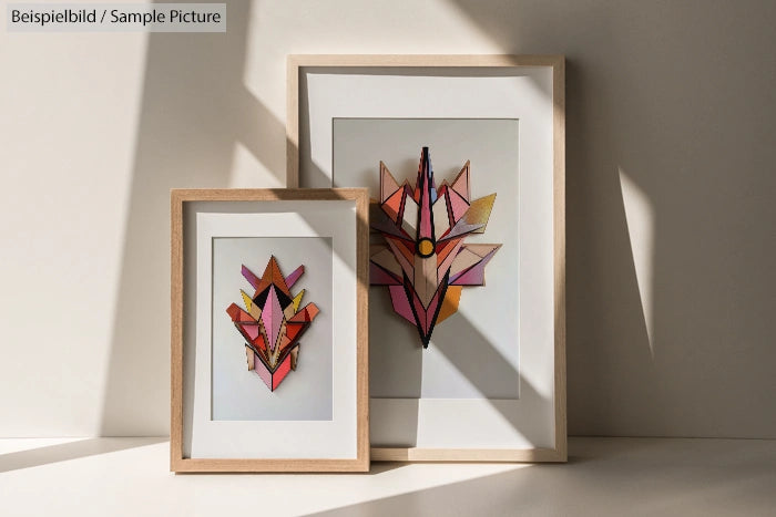 Framed geometric artworks with pink, orange, and black abstract designs on a sunlit wall.