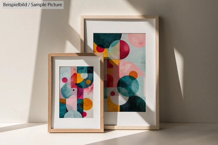 Two framed abstract paintings with colorful geometric shapes, placed against a shadowed wall.