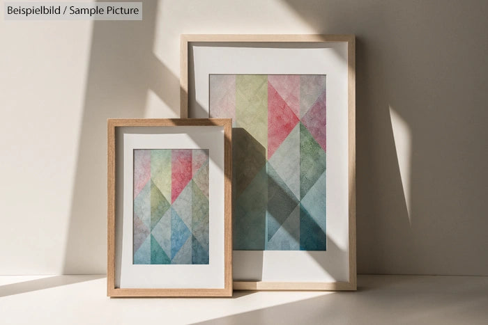 Two framed abstract geometric prints with pastel triangles, leaning against a wall with diagonal shadows.