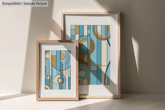 Two framed abstract art prints with geometric shapes and blue, white, and orange colors, displayed against a beige wall.