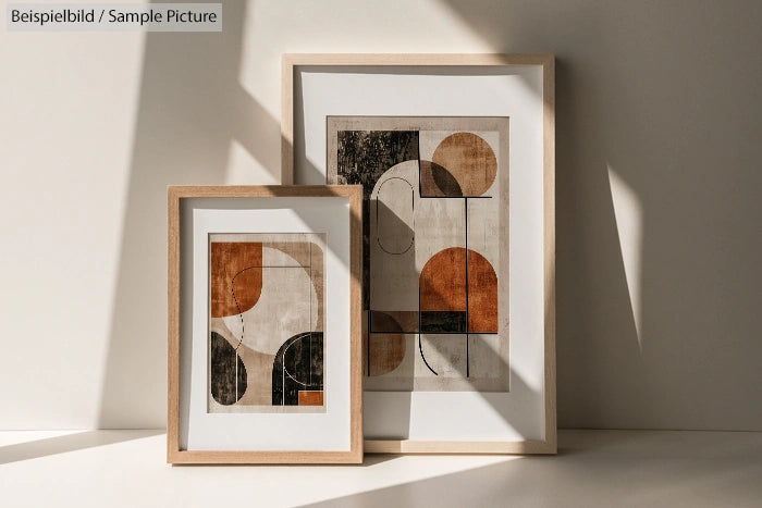 Two framed abstract geometric art prints with earthy tones on a light surface.