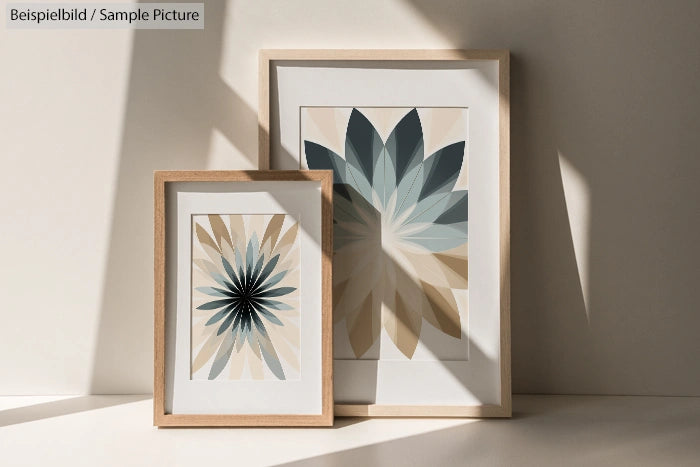 Two framed geometric floral prints in neutral and blue tones, displayed against a softly lit beige wall.