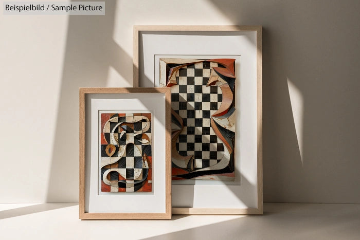 Two framed abstract artworks with checkerboard patterns and dynamic shapes, displayed against a neutral background with shadows.