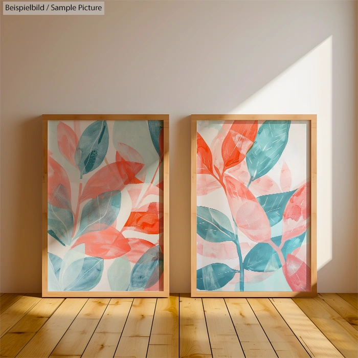 Two framed leaf paintings with pink and teal hues against a sunlit wooden floor and wall.