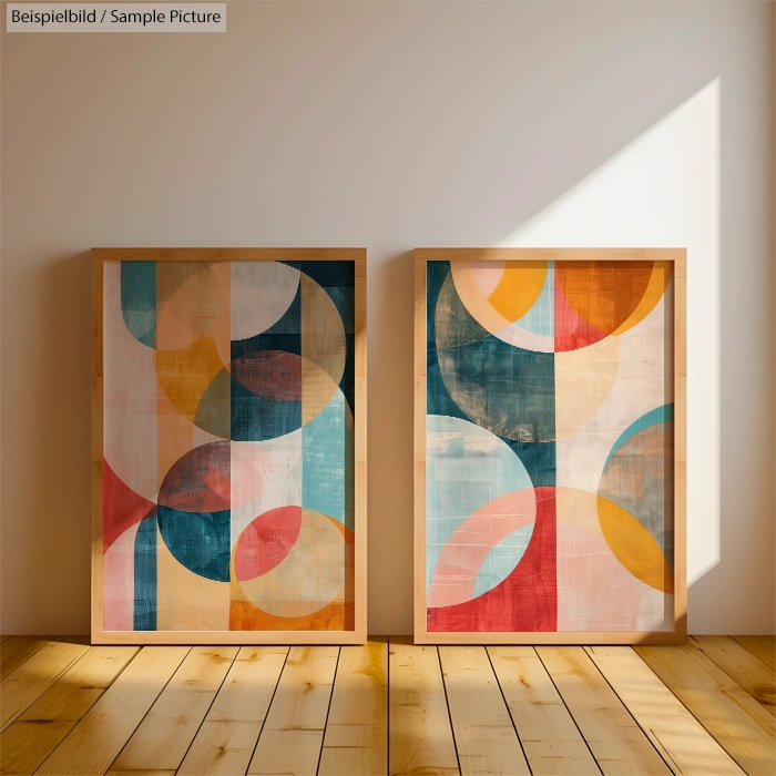 Two framed geometric abstract paintings with colorful overlapping circles, placed on a wooden floor against a white wall.