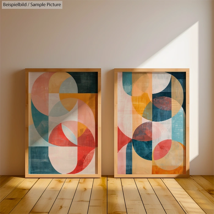 Two framed abstract geometric paintings on a wooden floor, featuring overlapping circles and shapes in warm and cool tones.