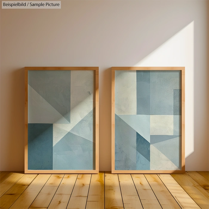 Two framed abstract paintings with geometric patterns in blue hues on a wooden floor.