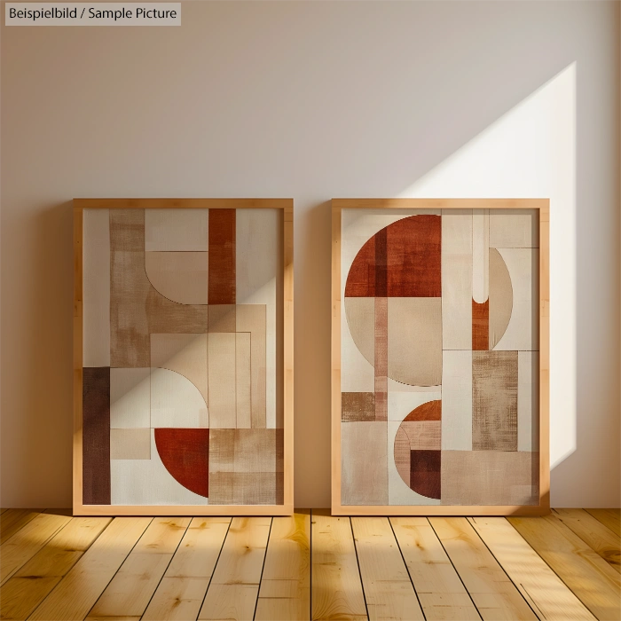 Two framed abstract geometric artworks on wooden floor with sunlight.